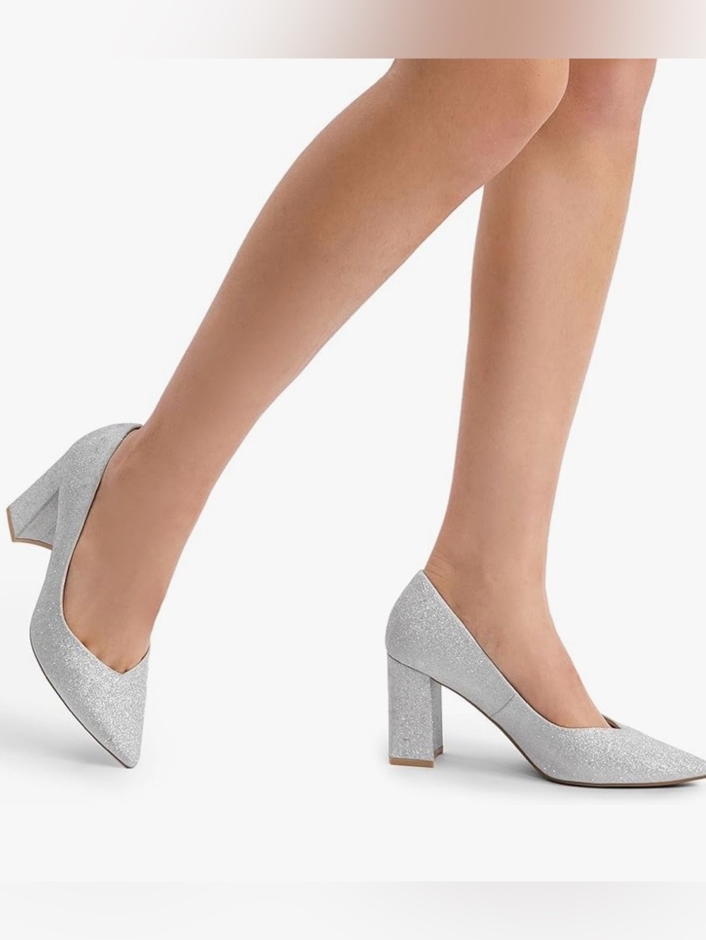 DREAM PAIRS Sz 10 Women’s Silver Glitter Chunky Block Heels Pointed Toe Pumps